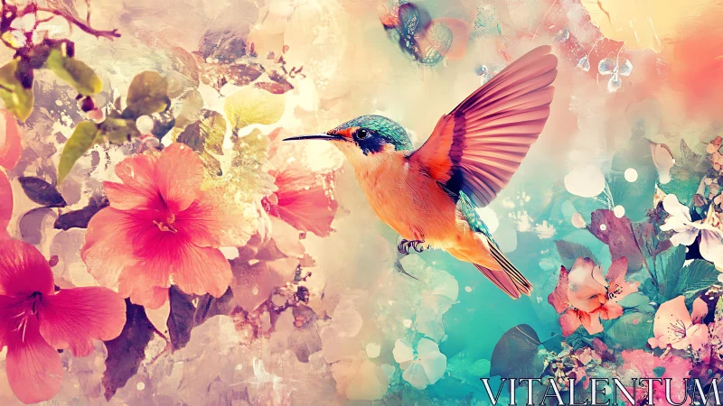 Hummingbird skims through painted blossoms and dreamlight