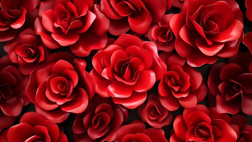 Dense cluster of red roses with layered petals against dark background