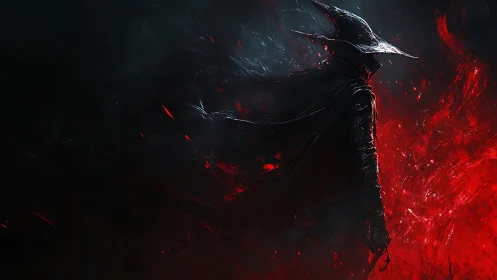 Silhouetted dark mage dissolves into red particulate energy field