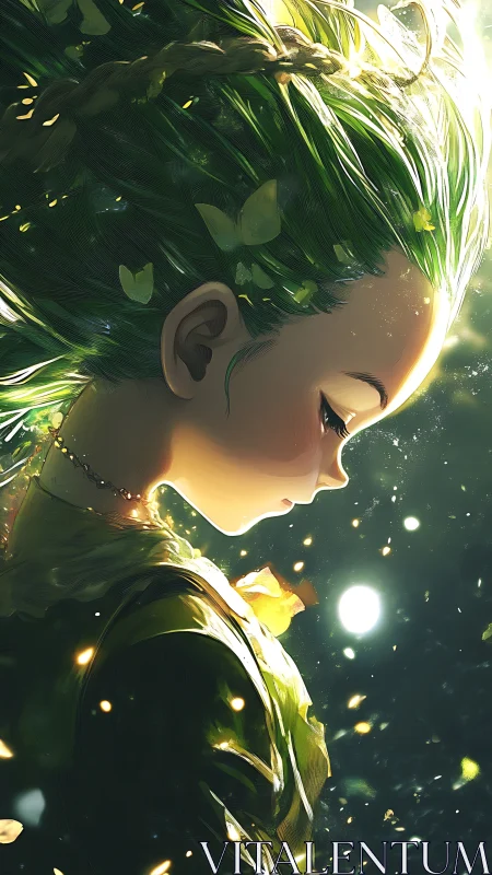 Gentle forest spirit girl glowing in soft golden light.