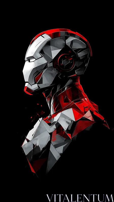 Geometric red and white robotic helmet in side profile view.