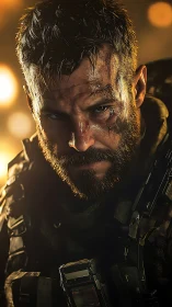 Battle-hardened futurist studies the firelit horizon alone