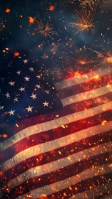 United States flag with fireworks and ember particles overlay