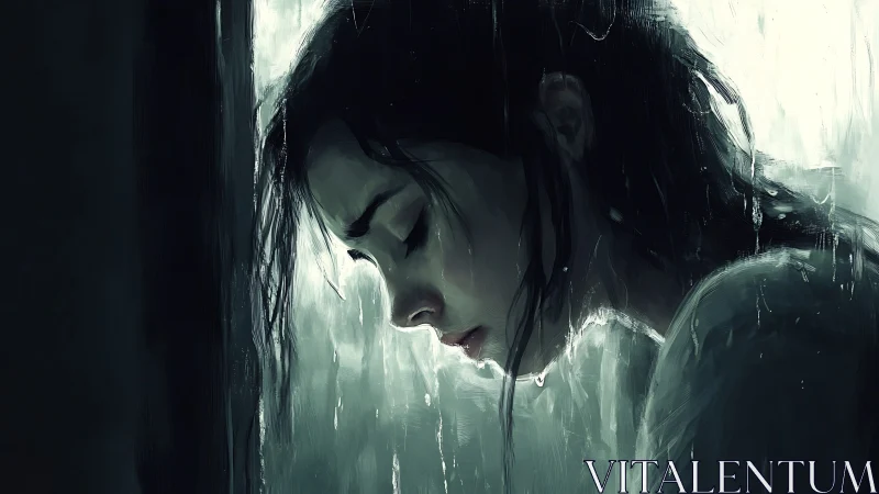 Rain-soaked reverie with a lone woman bent in quiet sorrow.