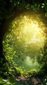 Sunlit forest path framed by vegetation and foliage canopy.