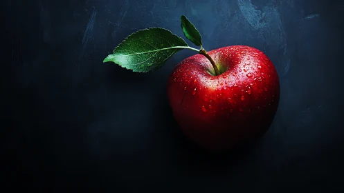 Lustrous red apple with dewdrops on deep charcoal background.