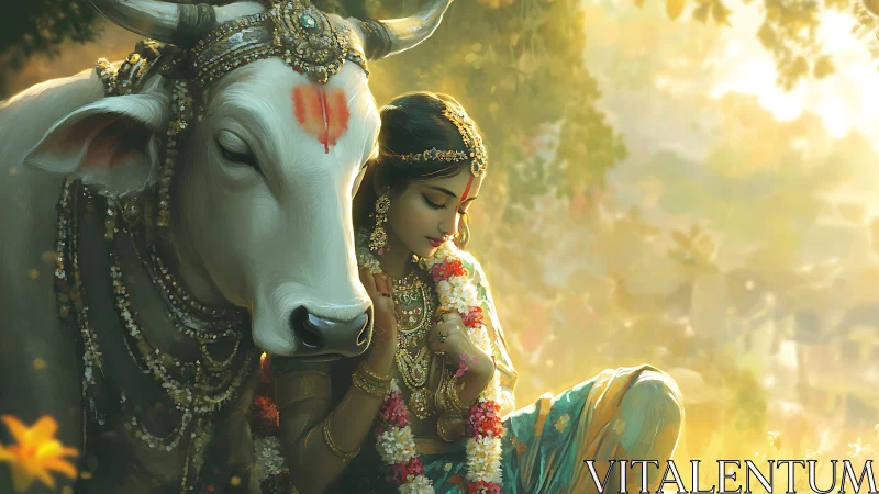 Female figure in ornate dress sits beside decorated white cow