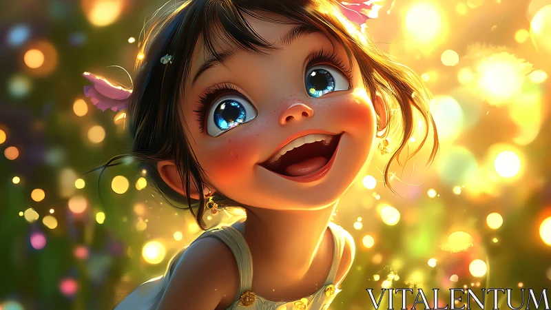 Child character illustration with luminous bokeh field background.