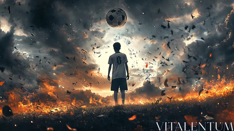 Boy facing floating soccer ball amid storm and fire.