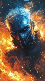 Cyborg warrior head emerging through blue fire and flames.