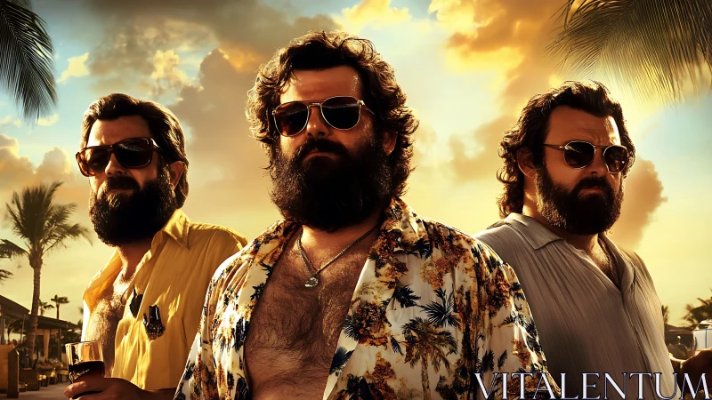Bearded men in tropical shirts under sunset sky outdoors.