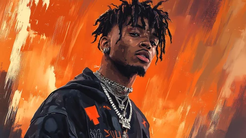 Urban portrait in bold orange strokes and stylized detail.