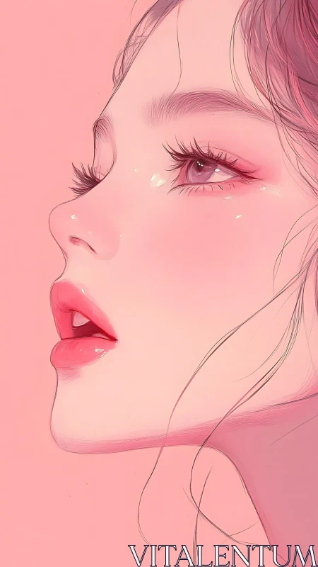 Soft pink profile of dreamy girl with glossy highlights.
