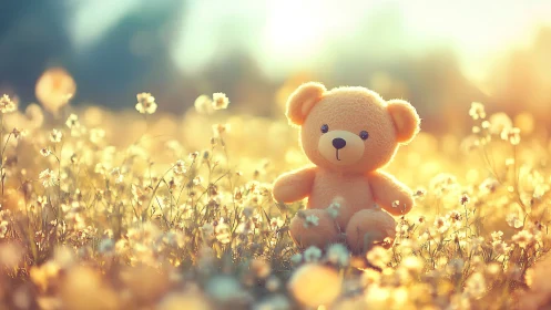 Plush teddy bear in golden bokeh field under sunset glow.
