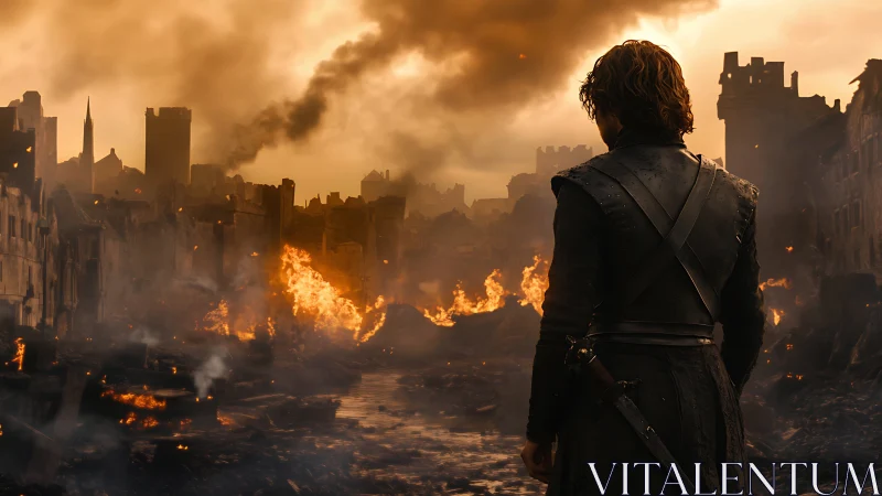 Solitary Warrior Overlooking Catastrophic Urban Inferno.