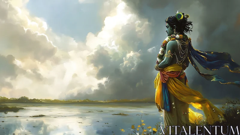 Divine figure in jeweled robes greeting a stormlit river.