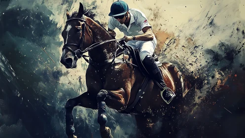 Horse and rider jump forward amid dynamic paint splashes