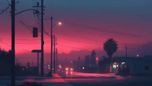 Neon dusk over quiet streets and palm-shadowed power lines.