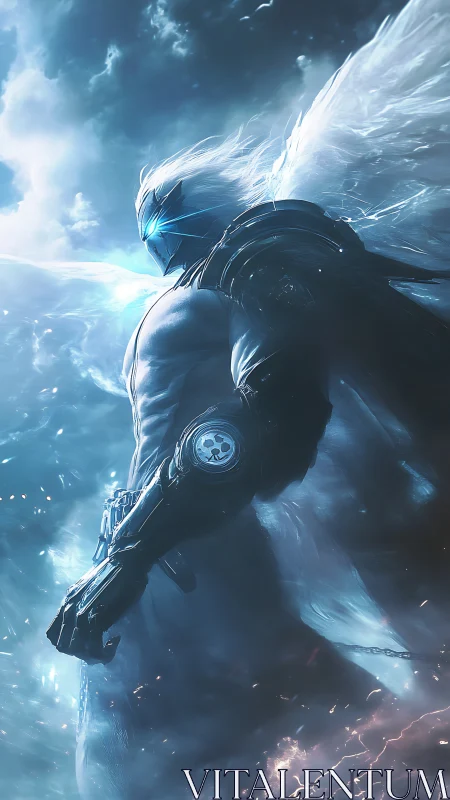 Celestial cybernetic sentinel amid turbulent ionized stormfields.