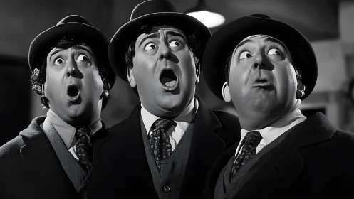 Three surprised gentlemen sharing a wonderfully comic moment.