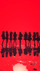 Silhouetted idol group on reflective red horizon at dusk.