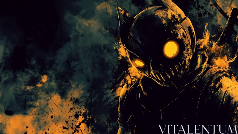 Cyber-noir armored figure with glowing eyes dominates frame