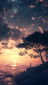 Solitary figure studies glowing seascape beneath starry dusk