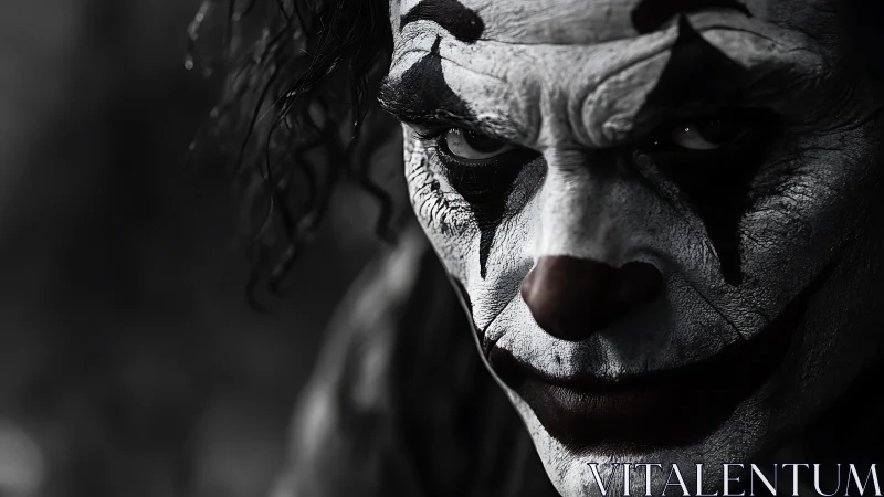 Brooding clown portrait radiates dark psychological tension