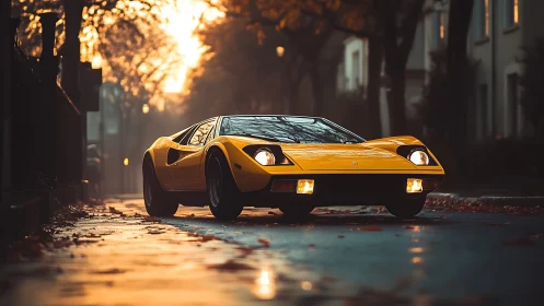 Low-angle autumn street portrait of yellow vintage supercar