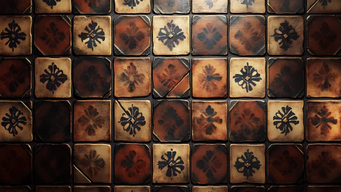 Weathered ceramic tiles display ornate stencil motifs and patina