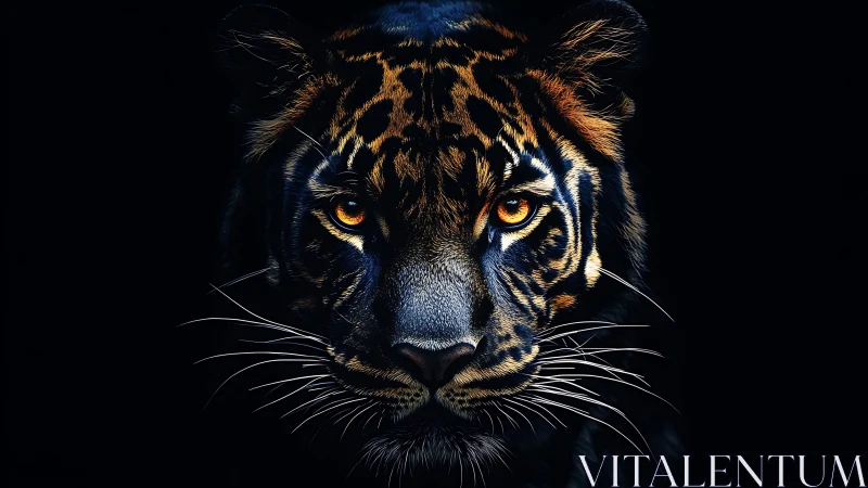 Fierce tiger portrait emerges from deep shadowed darkness.