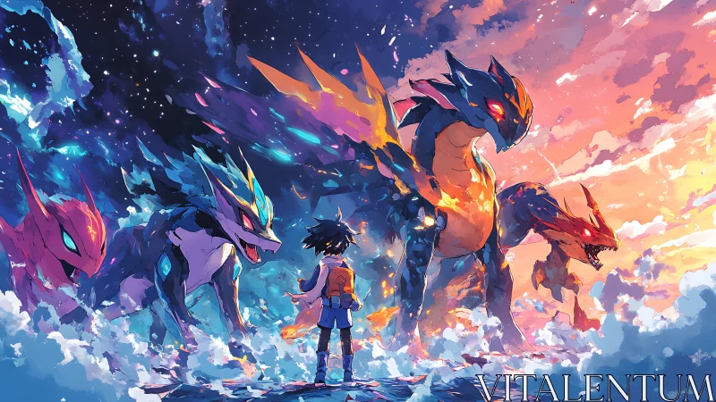 Starlit kid meets mythic dragon guardians above the clouds.