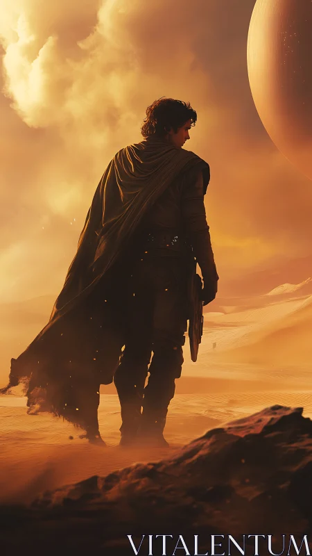 Desert wanderer studies twin-sunned horizon in silence.