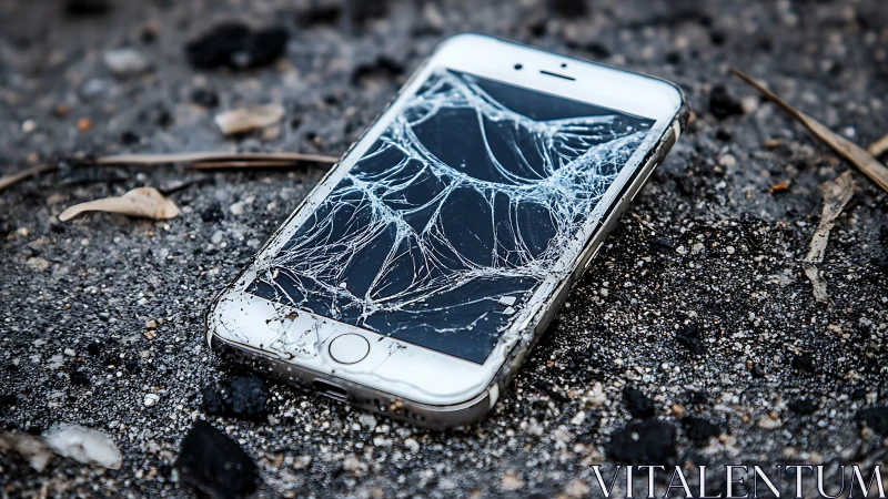 Smartphone with shattered screen lying on rough asphalt.