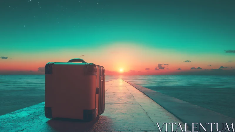 Sunlit suitcase waits at a glowing ocean horizon path