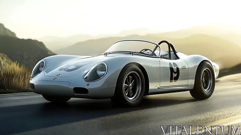 Classic white race roadster on winding mountain highway.