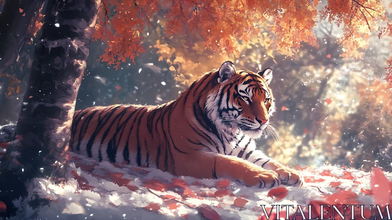 Calm tiger resting under glowing autumn forest canopy.
