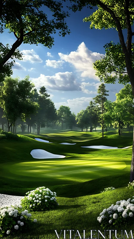Tree-lined golf course fairway with sand bunkers under sky.