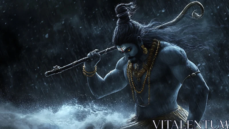 Stormlit blue deity strides through crashing dark waves