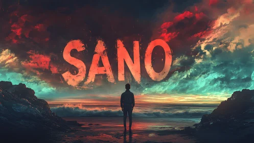 Silhouetted figure observes seascape under SANO text sky