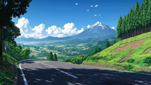 Curved mountain road passes rural valley toward distant peak