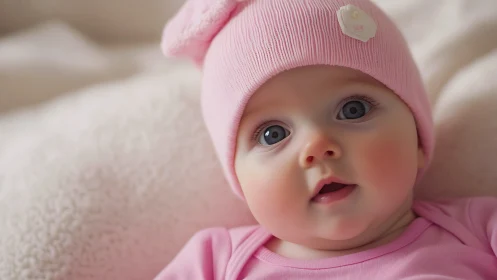 Infant Facial Expression Study: Wide-Eyed Engagement in Soft Pink Knitwear.