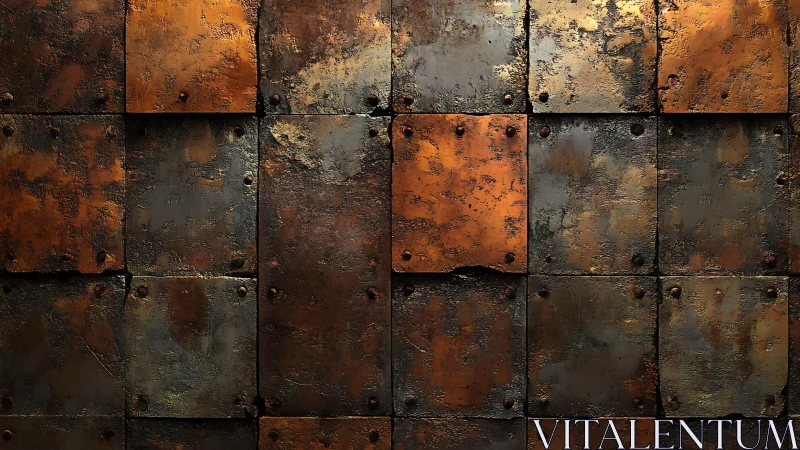 Weathered metal wall texture with riveted rusty panels, industrial style.