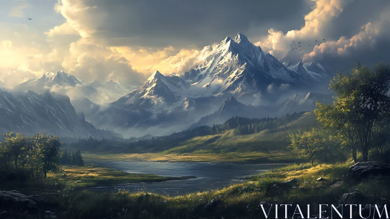 Snowy mountain range over calm river valley at sunset.