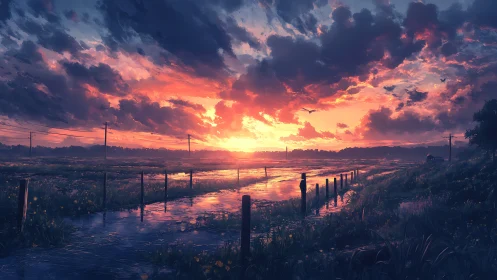 Sunset-illuminated flooded rural road with reflective water surface