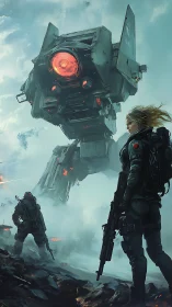 Female commando confronts colossal war mech in storm haze.