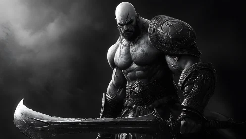 Monochrome armored barbarian warrior with oversized curved blade