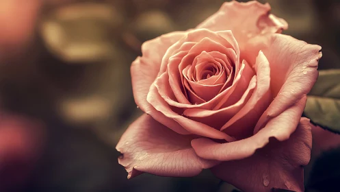 Salmon-toned rose bloom, detail study with warm lighting.