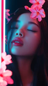 Chromatic portrait under teal magenta neon with floral framing.