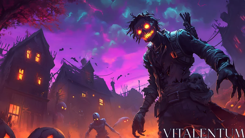 Armored pumpkin-headed revenant in burning haunted hamlet at dusk